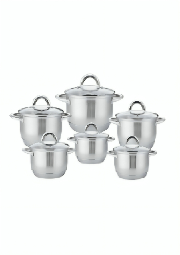 12-delige roestvrijstalen braadpanset met glazen deksels