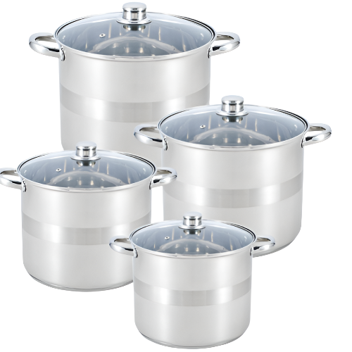 8-Piece Stainless Steel Stock Pot Set with Tempered Glass Lids