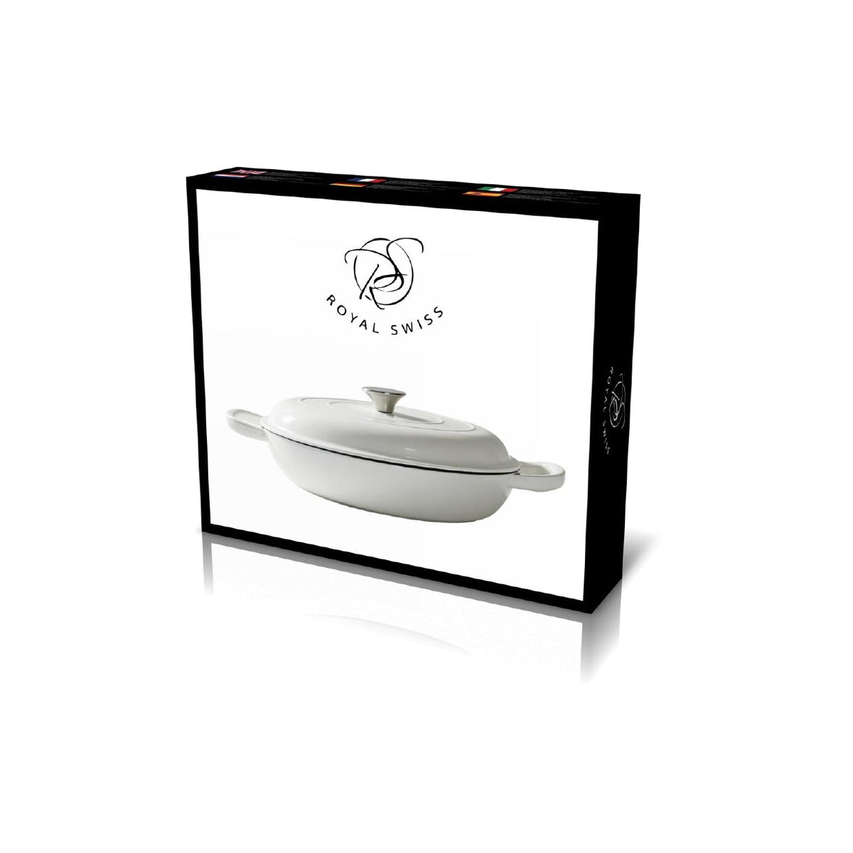 Royal Swiss oval casserole dish in white ceramic, shown in its black and white retail packaging box against a white background.