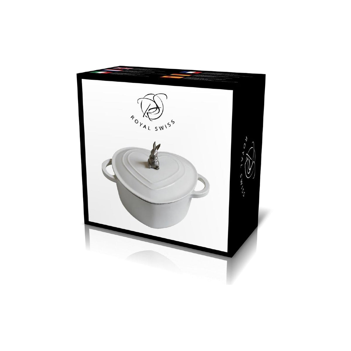 White ceramic cookware set in a black box with 'Royal Swiss' branding.