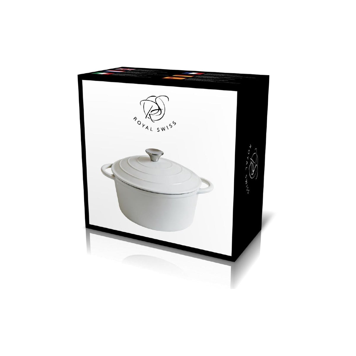 White ceramic cookware set in a black box with 'Royal Swiss' branding.