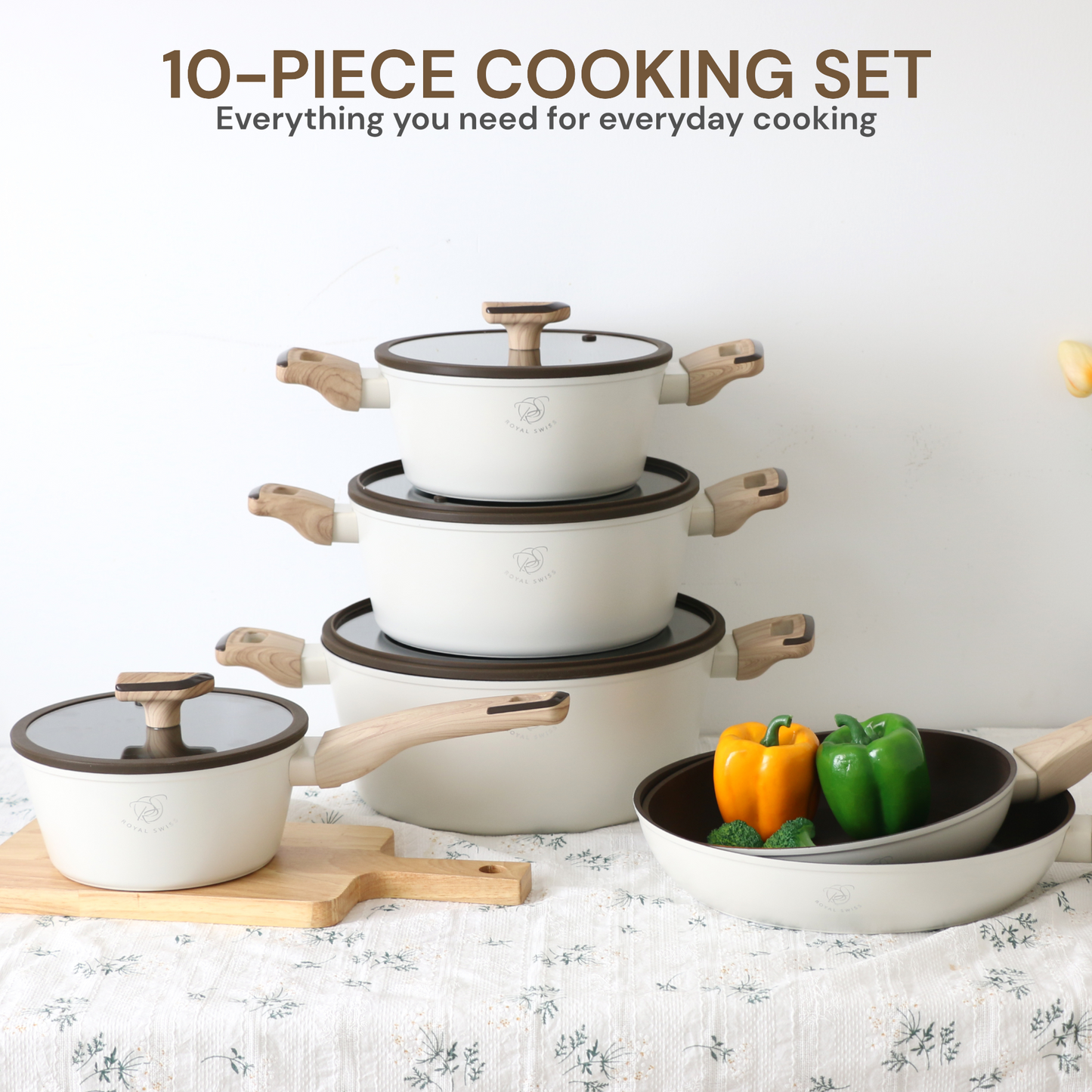 10 Pieces Cookware Set - Beige | Black Royal Swiss
