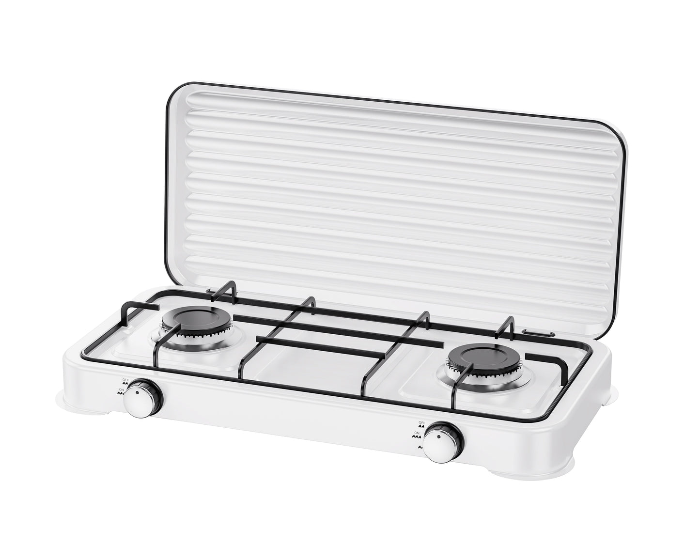 A compact white two-burner gas stove with an open lid, black metal grates, and silver control knobs, shown on a plain white background.