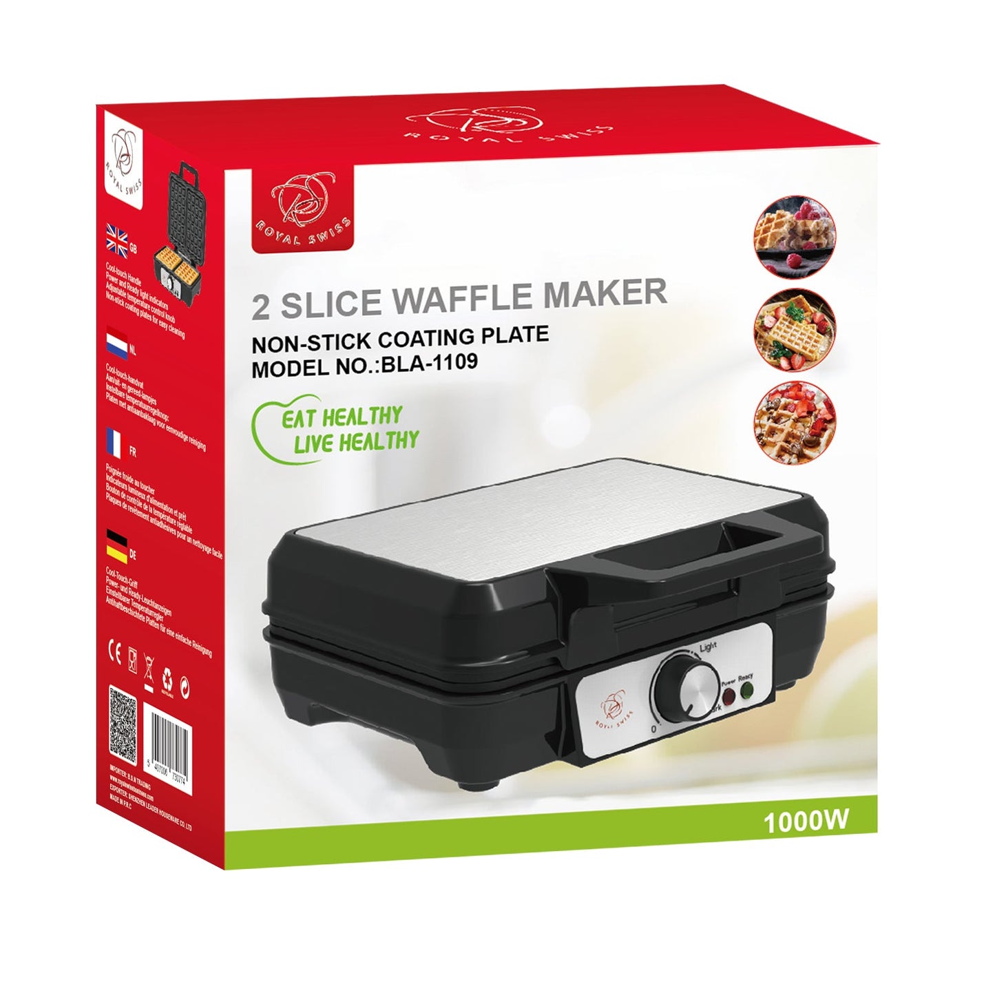 Waffle Maker with Temperature Adjuster - 2 Slices Royal Swiss