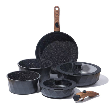 9 Pieces Diamond Cookware Set with Clip-On Handle - Beige | Black