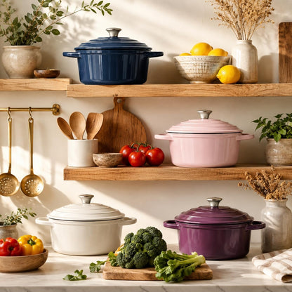 Three enameled cast iron Dutch ovens in navy blue, dusty pink, and cream white are displayed on wooden kitchen shelves alongside fresh vegetables, lemons, and decorative plants.