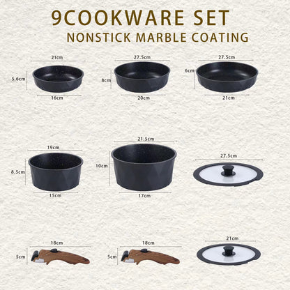 9 Pieces Cookware Set with Clip-On Handles - Beige | Black