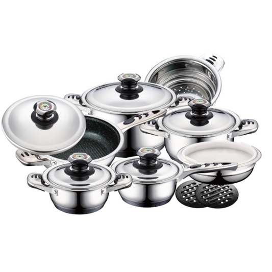 16 Pieces Cookware Set - Glass Lid | Stainless Steel Lid