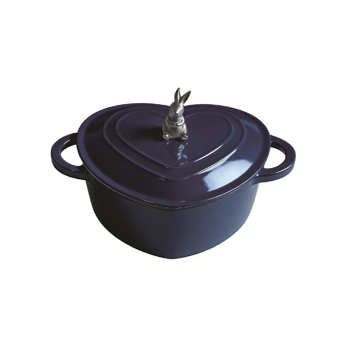 A dark navy blue enameled cast iron pot with a matching lid featuring a heart-shaped cutout and a small metallic rabbit figurine on top, set against a plain white background.