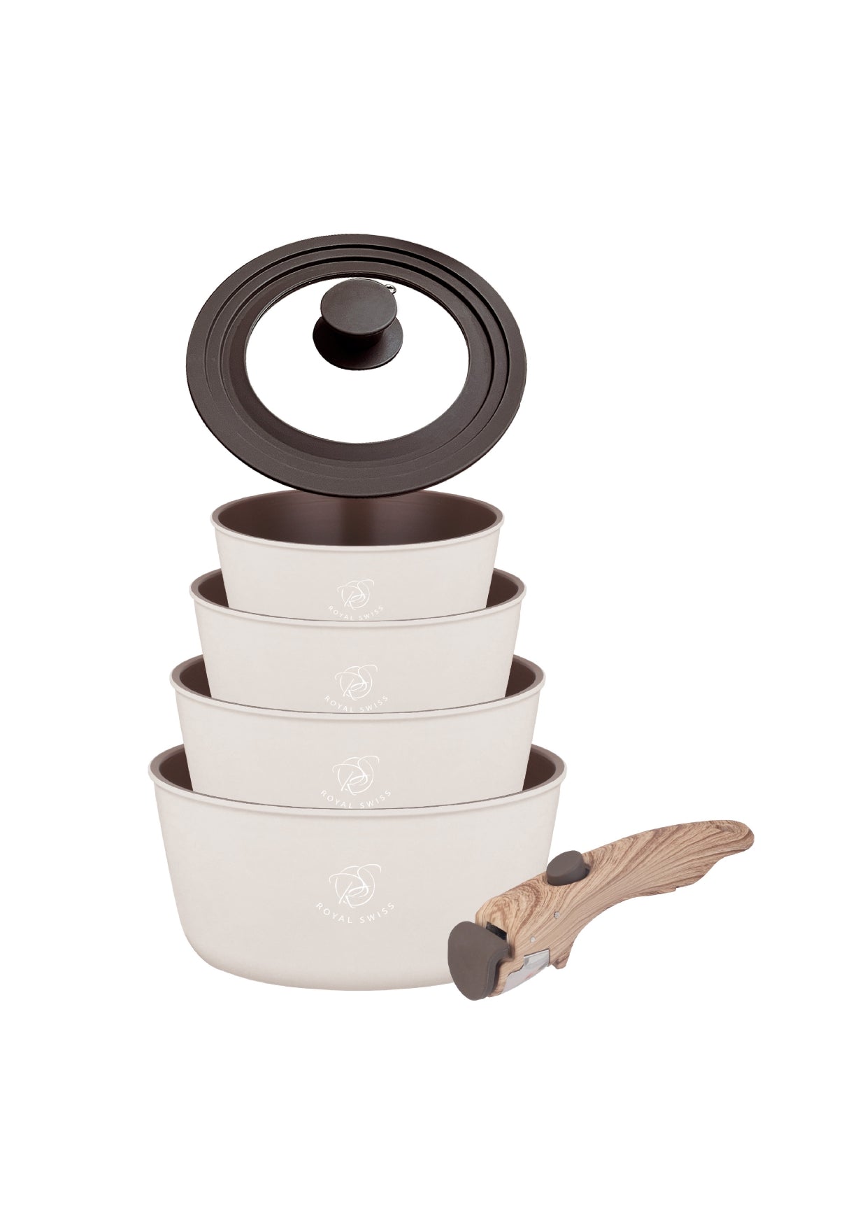 5 Pieces Saucepan Set with Clip-On Handles - Black | Beige Royal Swiss