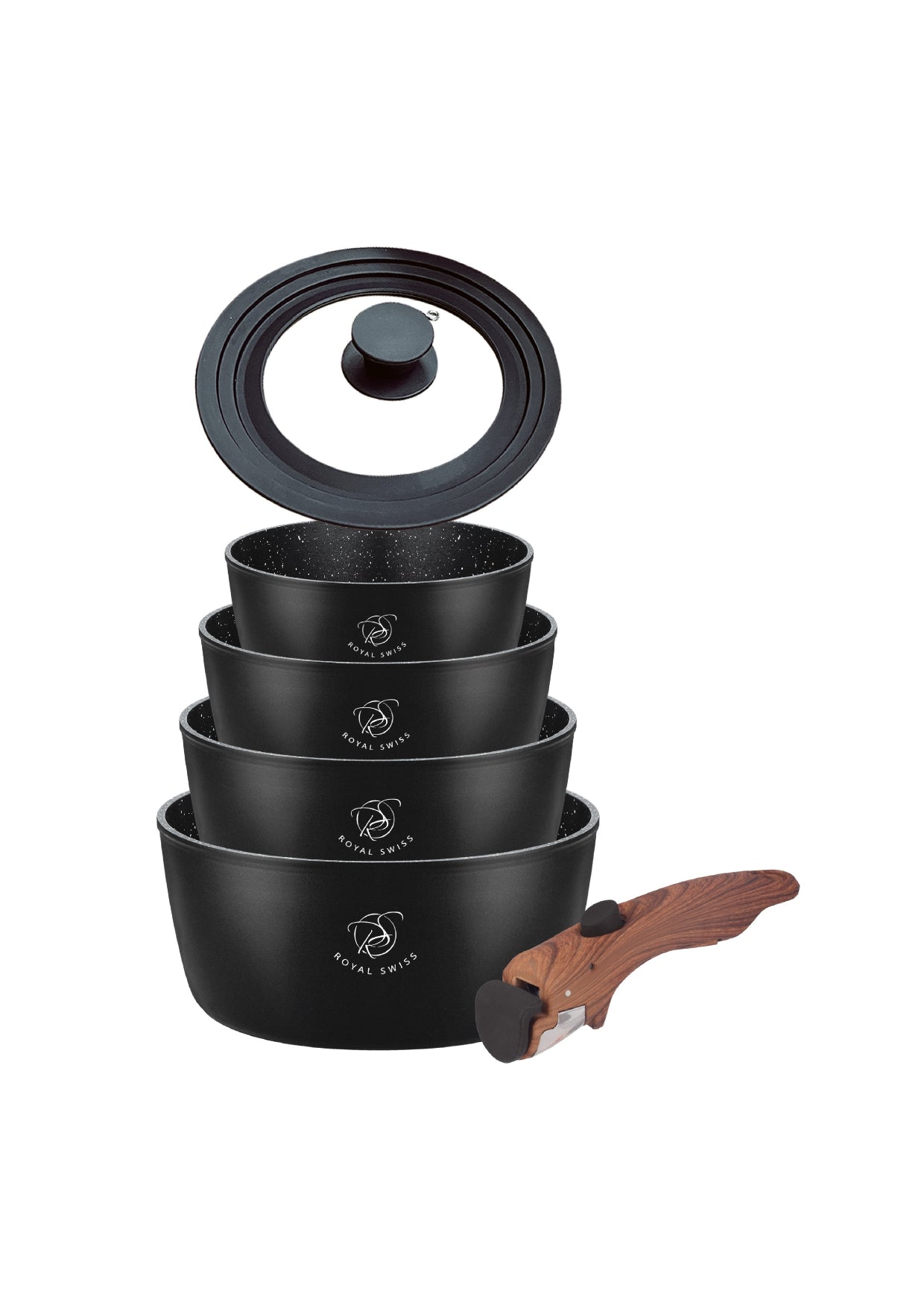 5-delige steelpannenset met clip-on handgrepen - Zwart | Beige