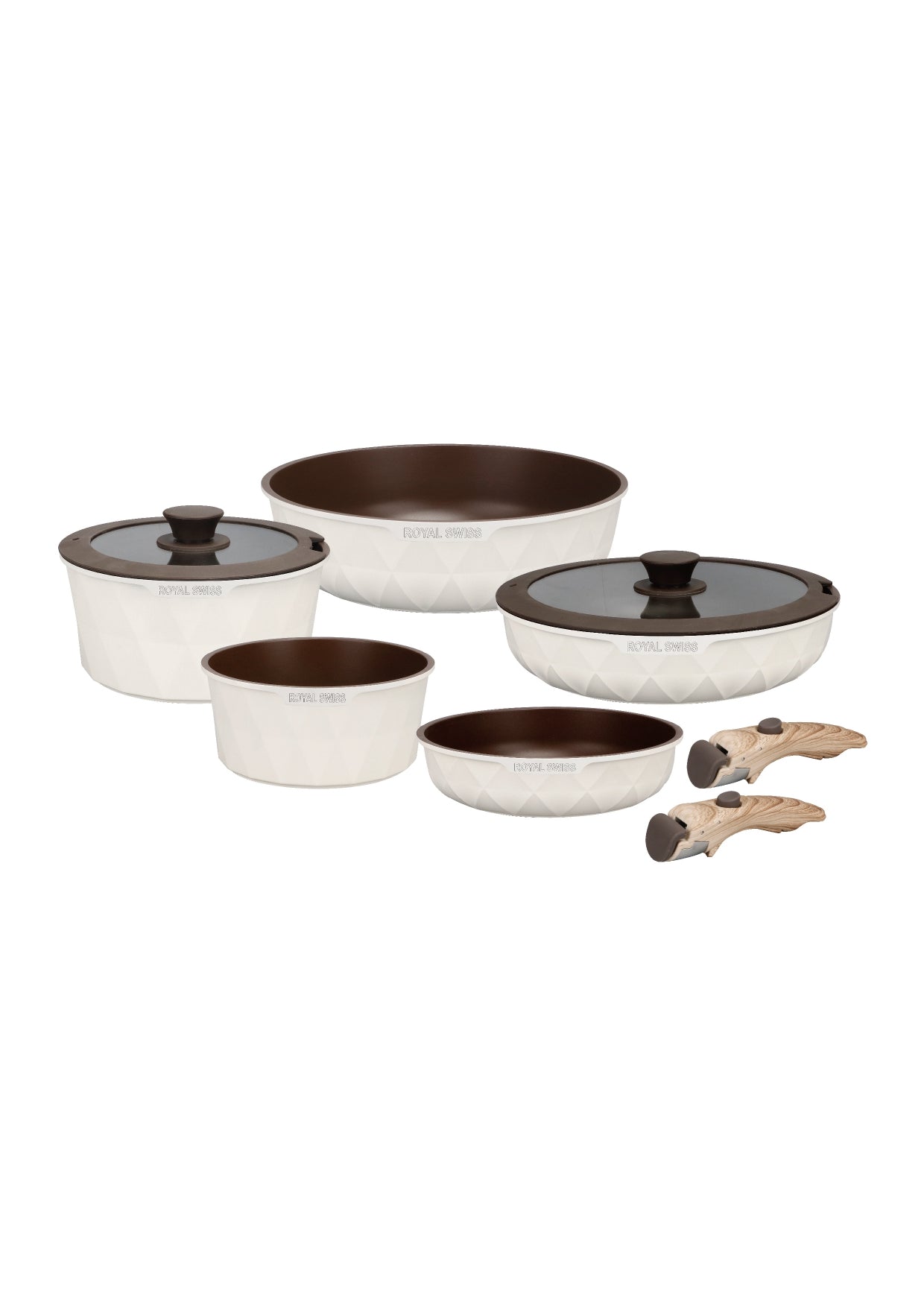 9 Pieces Diamond Cookware Set with Clip-On Handle - Beige | Black Royal Swiss