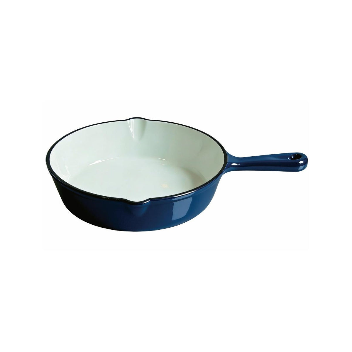 A navy blue cast iron skillet with a white enamel interior, shown from a side angle on a plain white background.