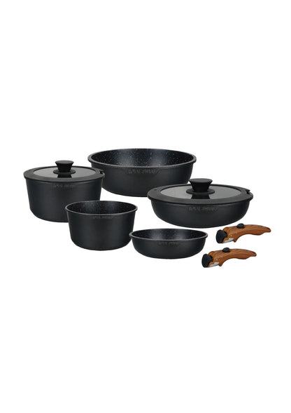 9 Pieces Cookware Set with Clip-On Handles - Beige | Black