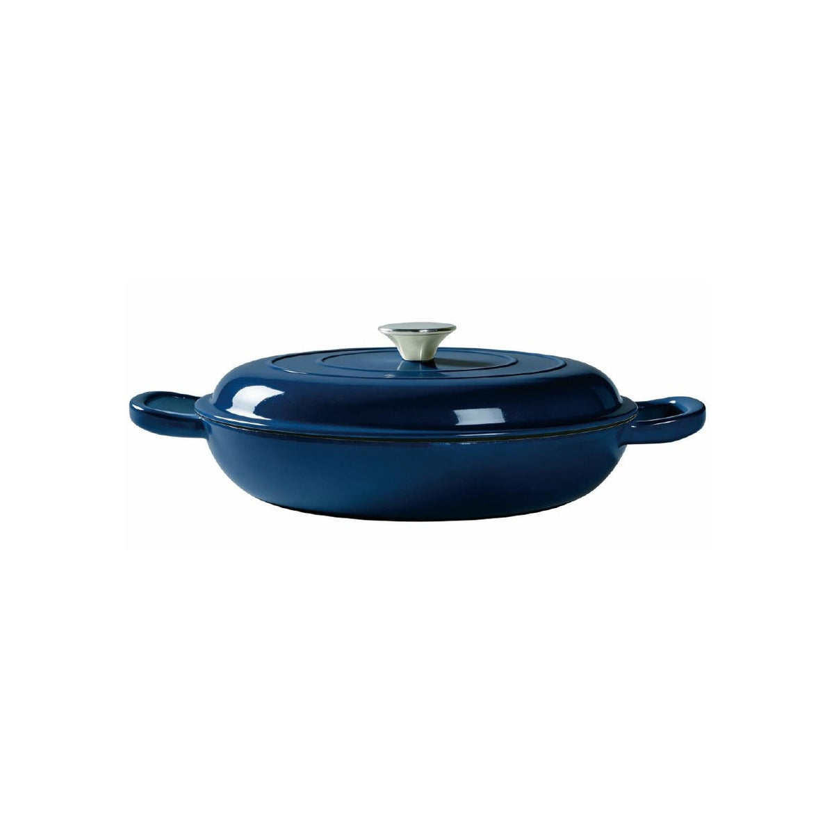 A dark blue enameled cast iron casserole dish with a matching lid and side handles, shown on a plain white background.