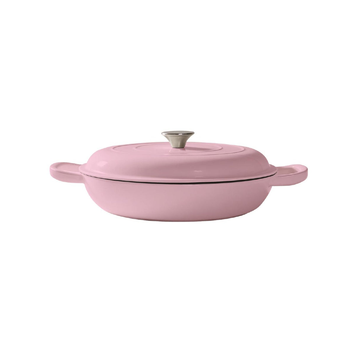 A pink enameled cast iron casserole dish with a matching lid, shown on a solid white background.