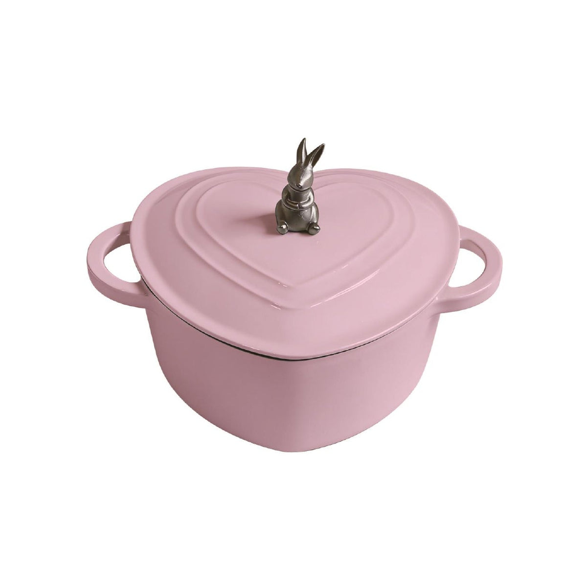 Pink heart-shaped pot with a rabbit on top on a white background