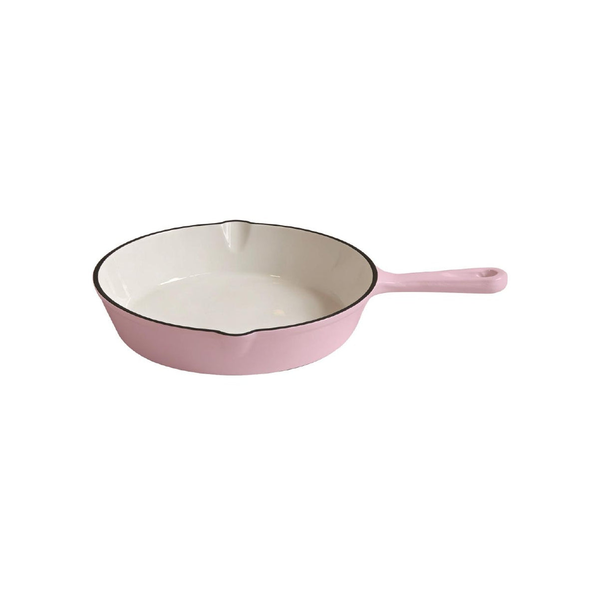A pink enameled cast iron skillet with a white interior and a thin black rim, shown on a plain white background.