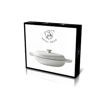 Royal Swiss oval casserole dish in white ceramic, shown in its black and white retail packaging box against a white background.