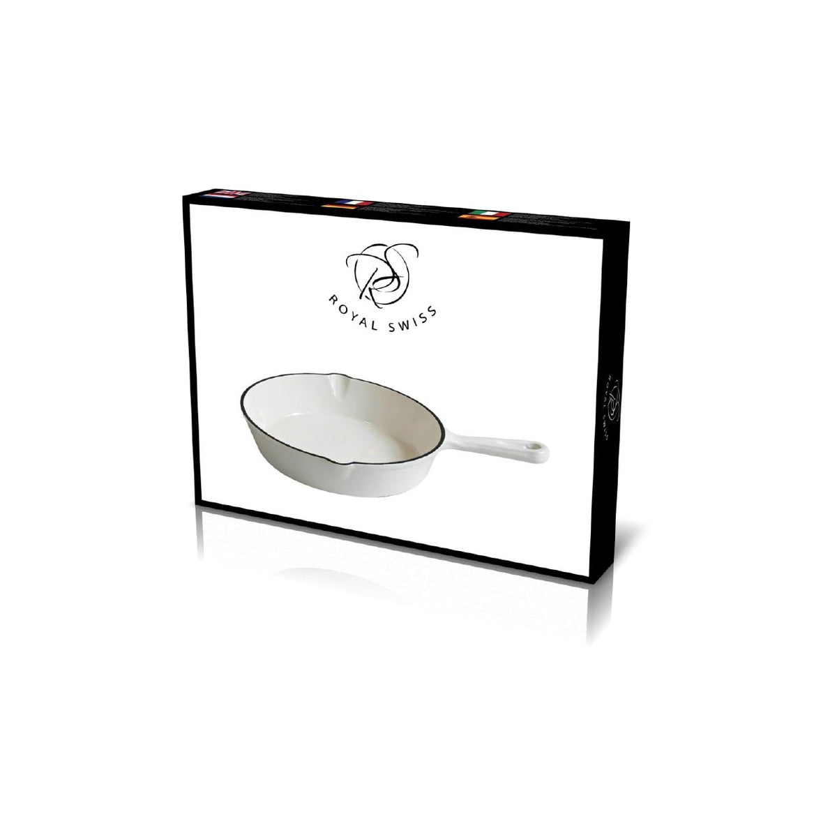 A rectangular product box with a black border and a white front panel showing a white cast-iron skillet and the Royal Swiss logo, photographed on a light gray background.