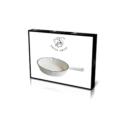 A rectangular product box with a black border and a white front panel showing a white cast-iron skillet and the Royal Swiss logo, photographed on a light gray background.