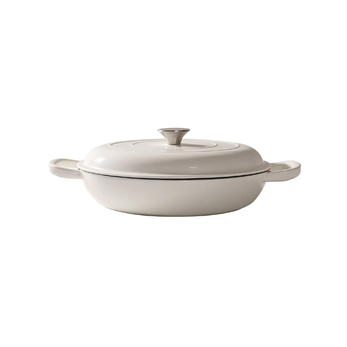 A white enameled cast iron casserole dish with a matching lid, shown on a solid white background.