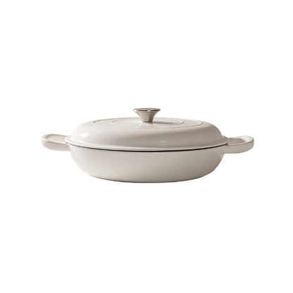 A white enameled cast iron casserole dish with a matching lid, shown on a solid white background.