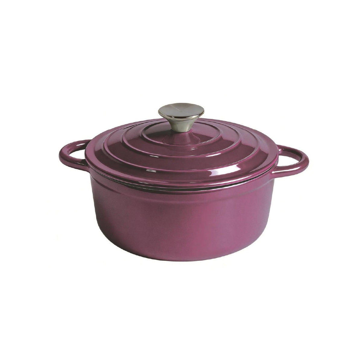 Royal Swiss 22cm Wine enameled cast iron Dutch oven with matching lid and silver knob, shown on a white background.