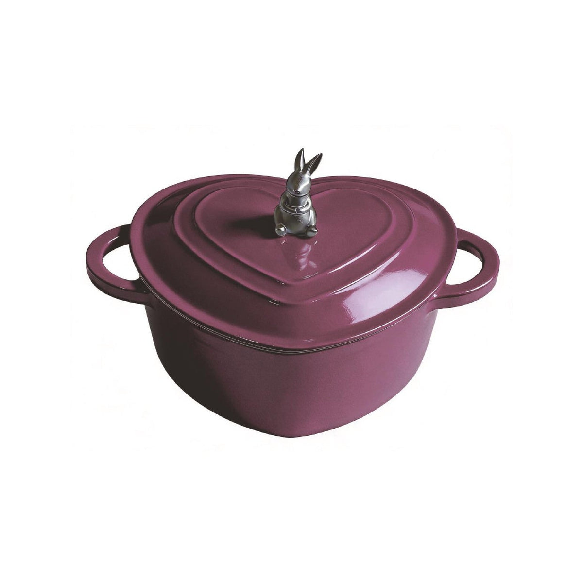 A heart-shaped enameled cast iron pot with a matching lid and a small rabbit-shaped handle on top, shown on a plain white background.