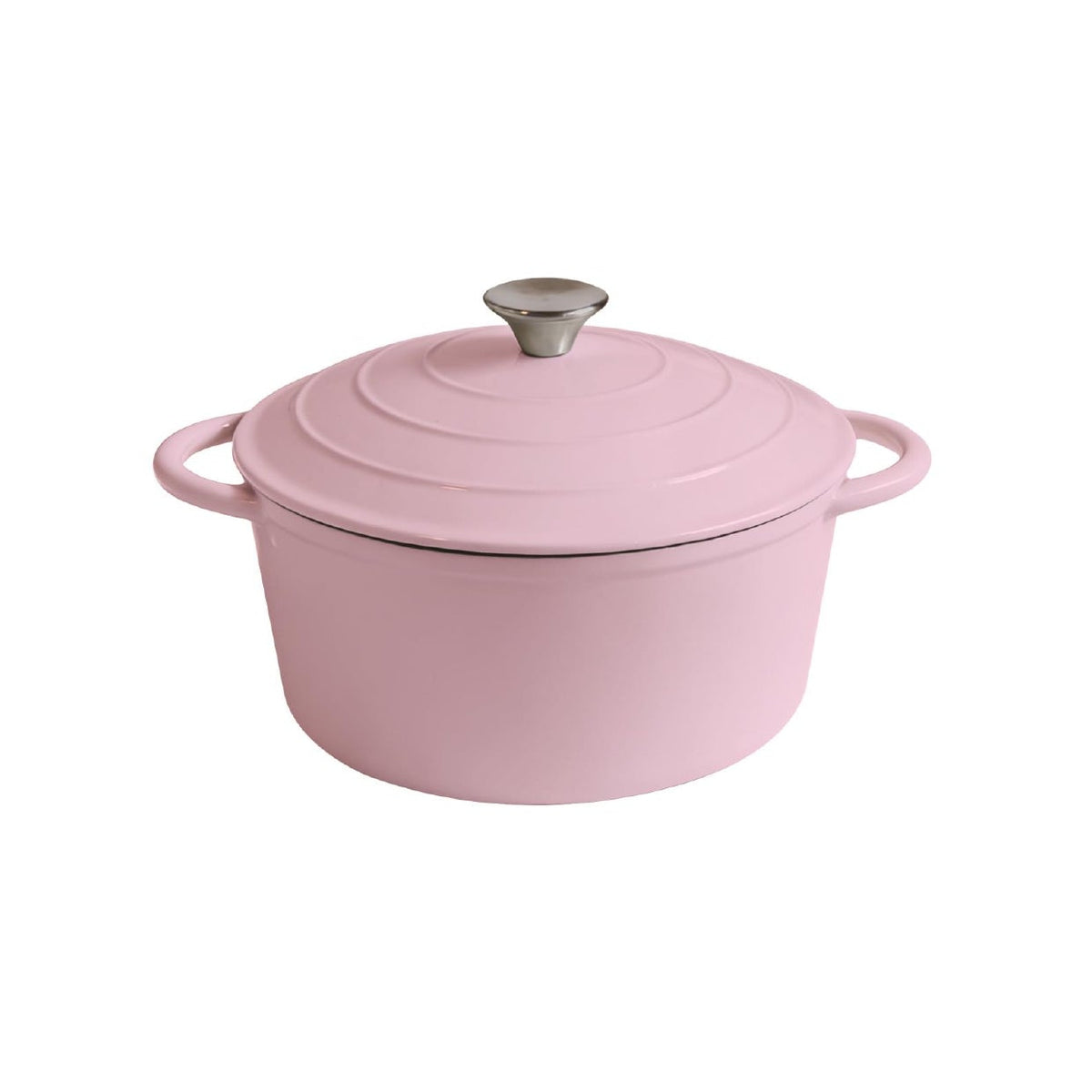 A light pink enameled cast iron Dutch oven with a matching lid and side handles, featuring a silver knob on top, shown against a plain white background.