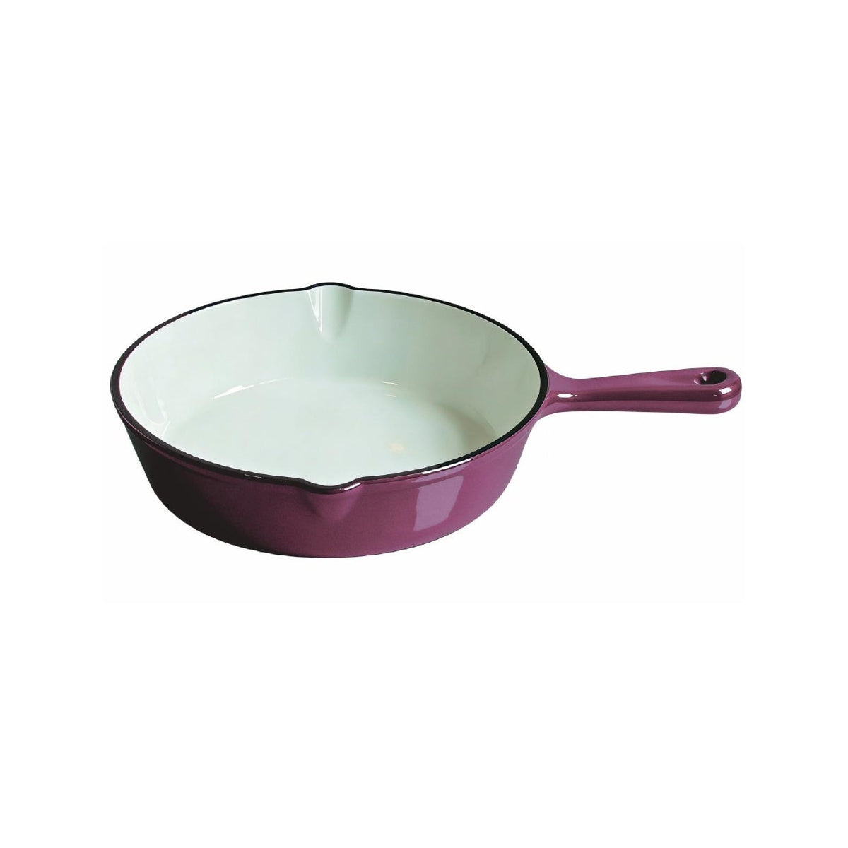 A purple enameled cast iron skillet with a white interior, shown from a side angle on a plain white background.