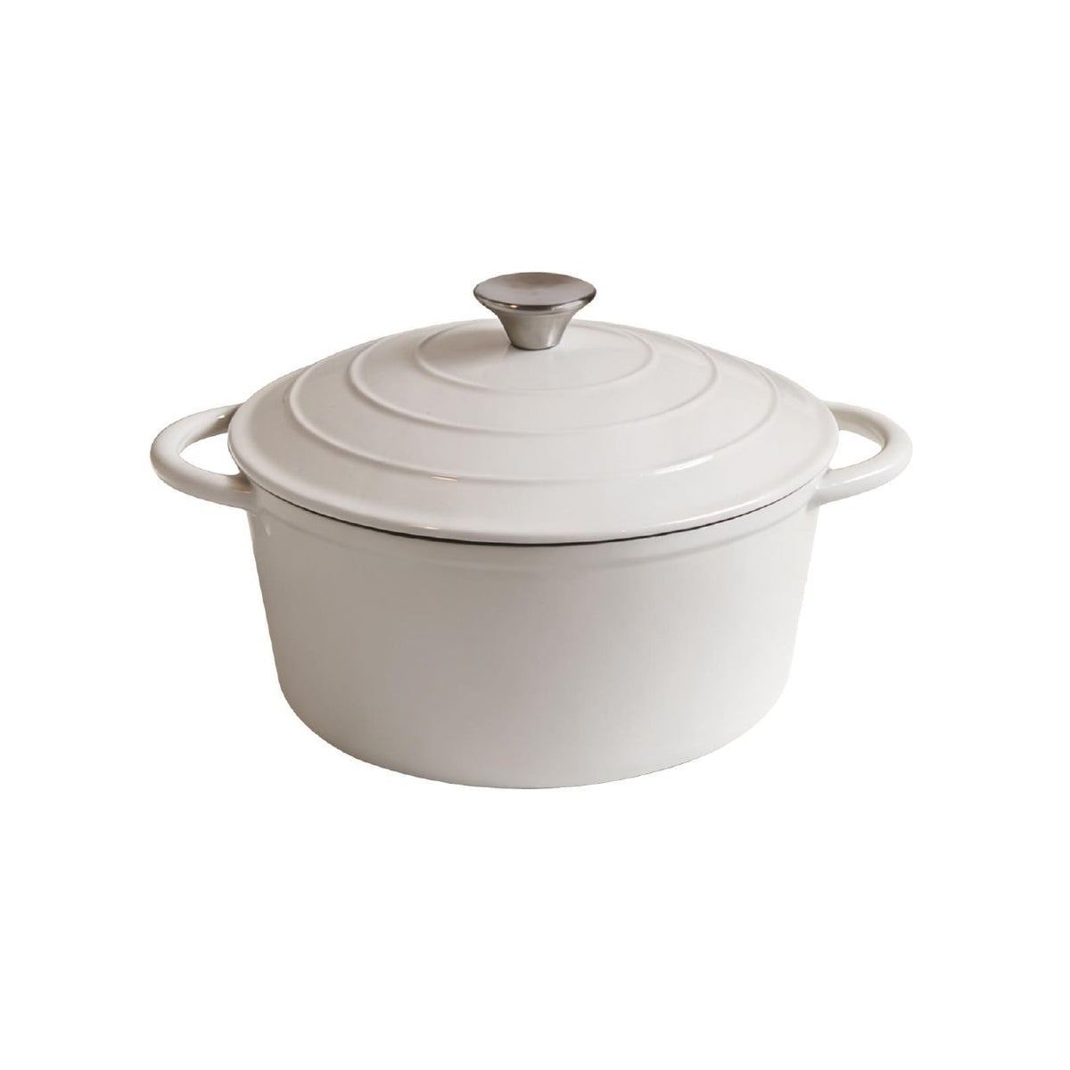 A white enameled cast iron Dutch oven with a matching lid and side handles, shown on a solid white background.