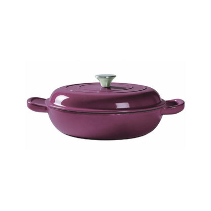 A glossy dark purple enameled cast iron casserole pot with a matching lid and side handles, shown on a plain white background.
