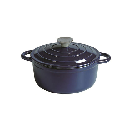 Blue enameled cast iron Dutch oven on a white background