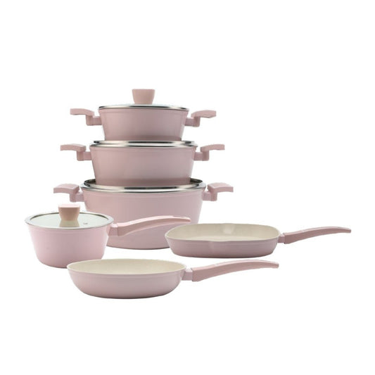 10 Pieces Cookware Set with Grill - Pink | Cream | Black