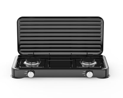 A black 2-burner gas grill stove with a hinged lid that is open, showing the ribbed grill plate interior. The stove has a glossy black body with two silver control knobs and silver burner grates, set against a plain white background.
