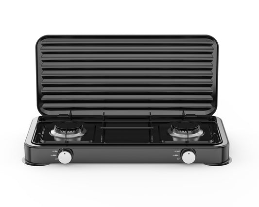 A black 2-burner gas grill stove with a hinged lid that is open, showing the ribbed grill plate interior. The stove has a glossy black body with two silver control knobs and silver burner grates, set against a plain white background.