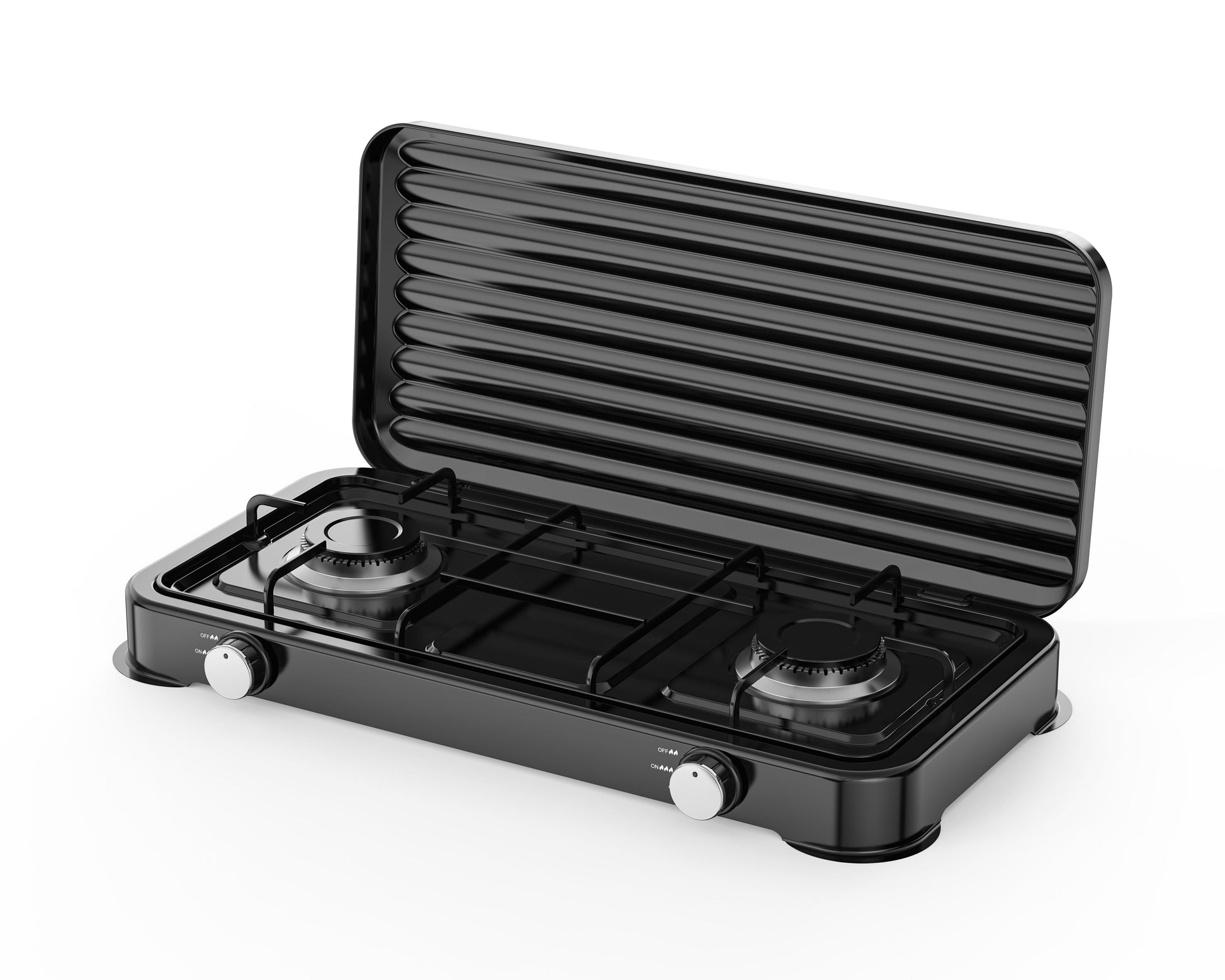 A black 2-burner gas grill stove with a hinged lid that is open, showing the ribbed interior. It has two silver control knobs on the front and is photographed on a clean white background.