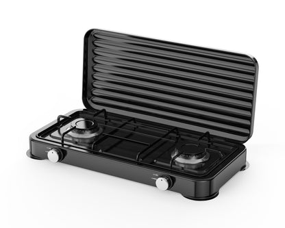 A black 2-burner gas grill stove with a hinged lid that is open, showing the ribbed interior. It has two silver control knobs on the front and is photographed on a clean white background.