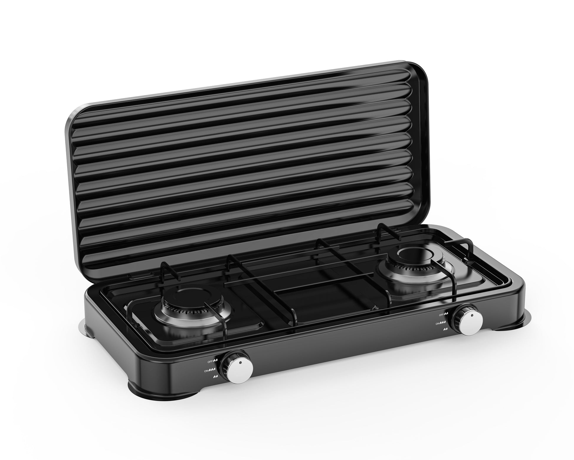 A black 2-burner portable gas grill with a ribbed lid, shown open on a clean white background.