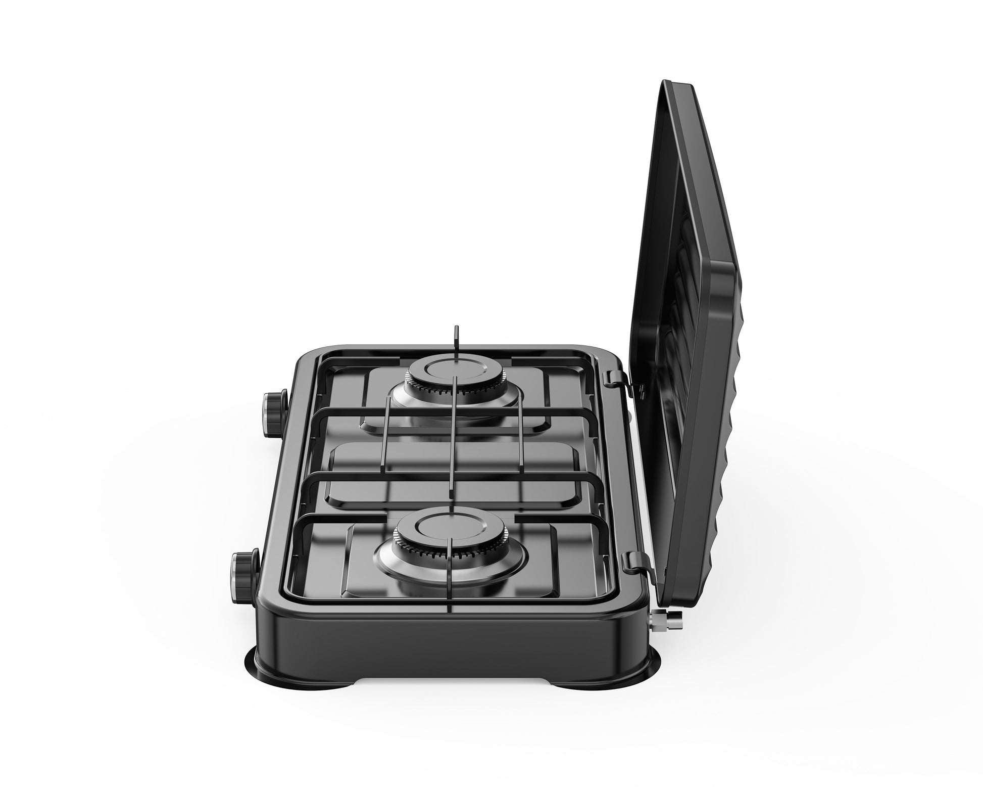 A black portable two-burner gas stove with an open lid, shown from a top-down perspective on a solid white background.