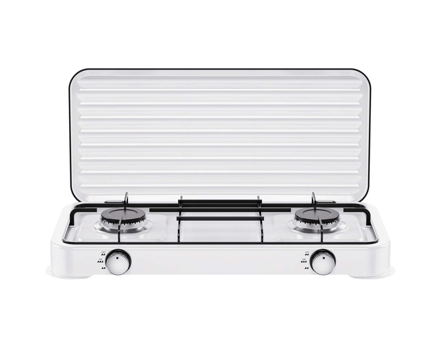 A compact white two-burner gas stove with a hinged lid, black grates, and silver control knobs, shown open against a plain white background.