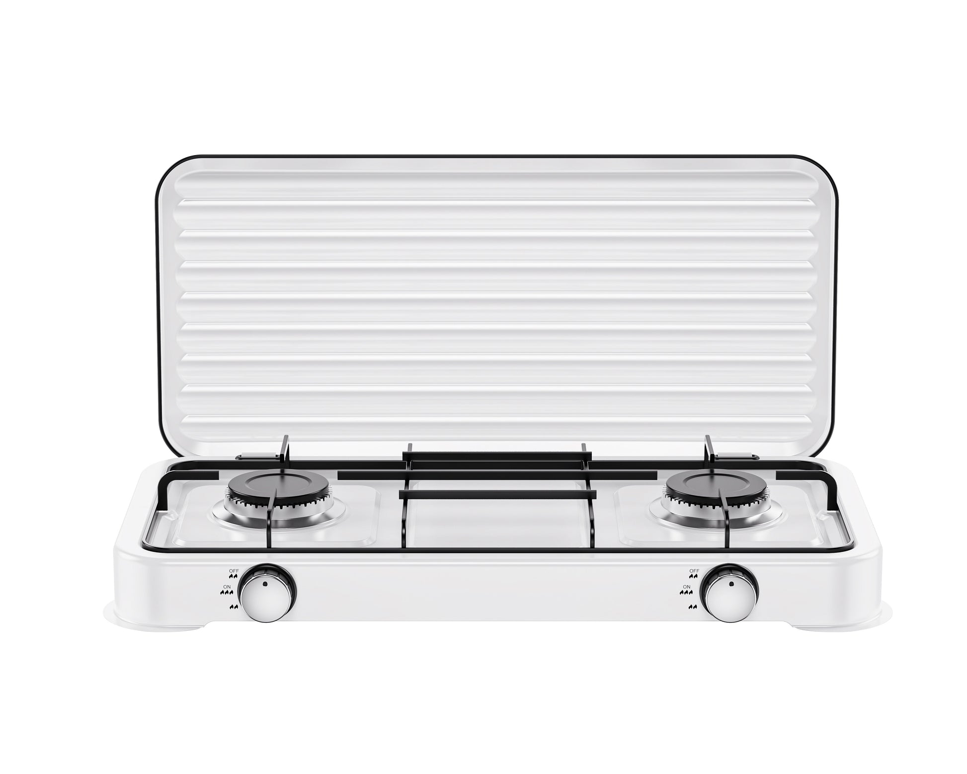 A compact white two-burner gas stove with a hinged lid, black grates, and silver control knobs, shown open against a plain white background.