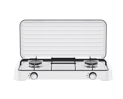 A compact white two-burner gas stove with a hinged lid, black grates, and silver control knobs, shown open against a plain white background.