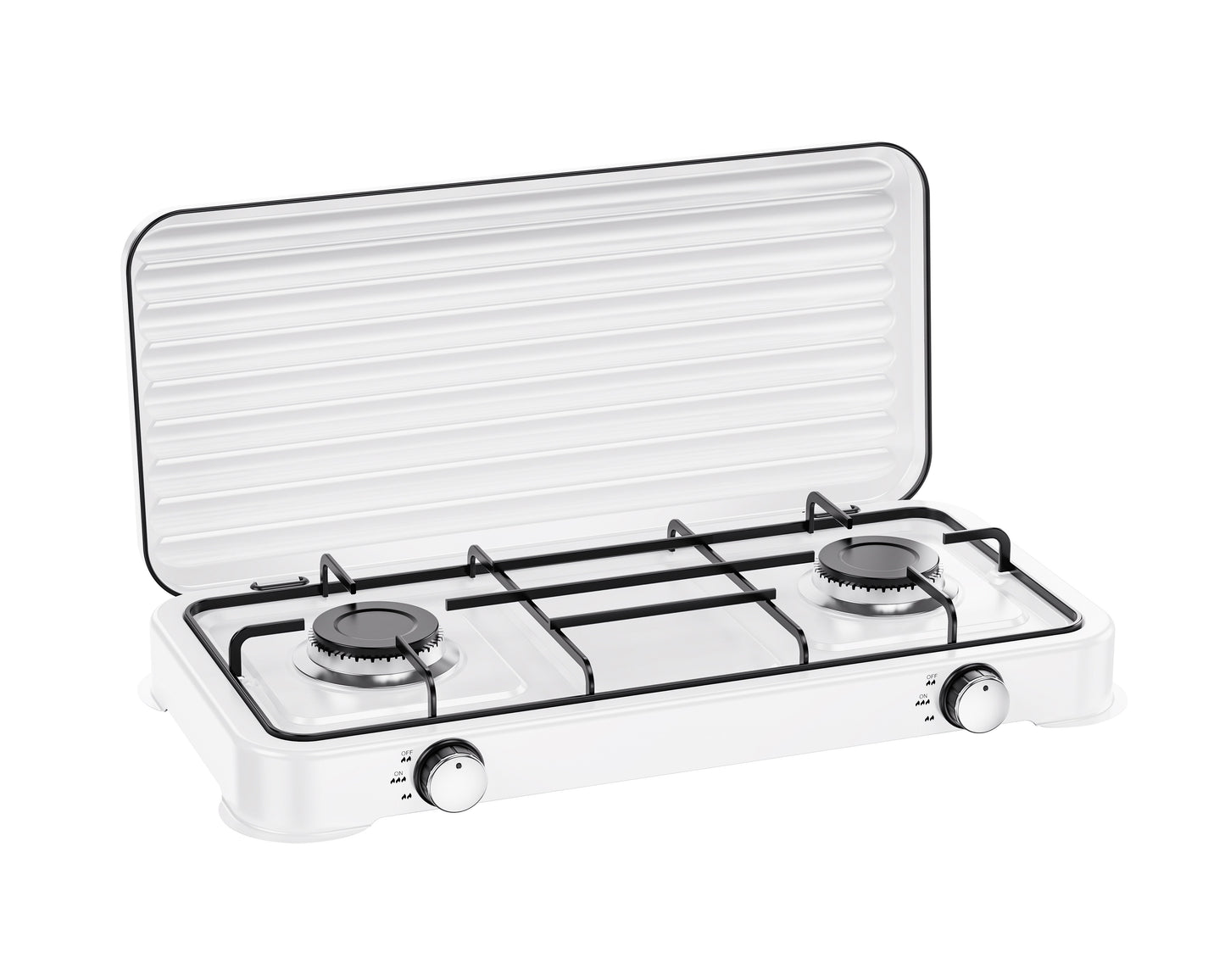 A compact white two-burner gas stove with a hinged lid, black metal grates, and silver control knobs, shown on a plain white background.