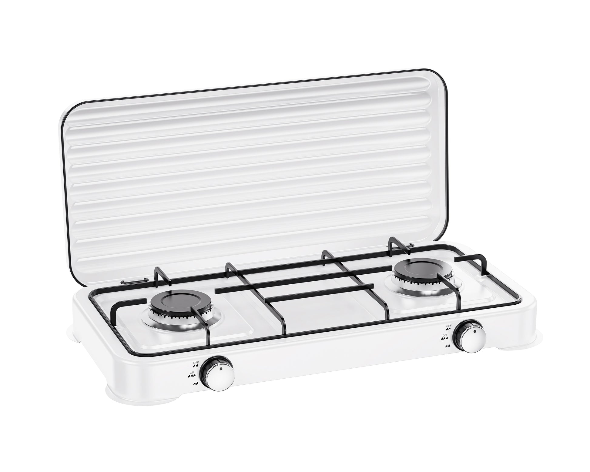 A compact white two-burner gas stove with a hinged lid, black metal grates, and silver control knobs, shown on a plain white background.