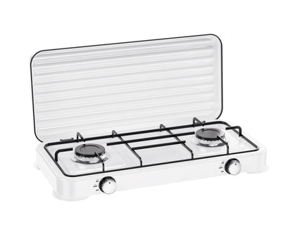 A compact white two-burner gas stove with a hinged lid, black metal grates, and silver control knobs, shown on a plain white background.
