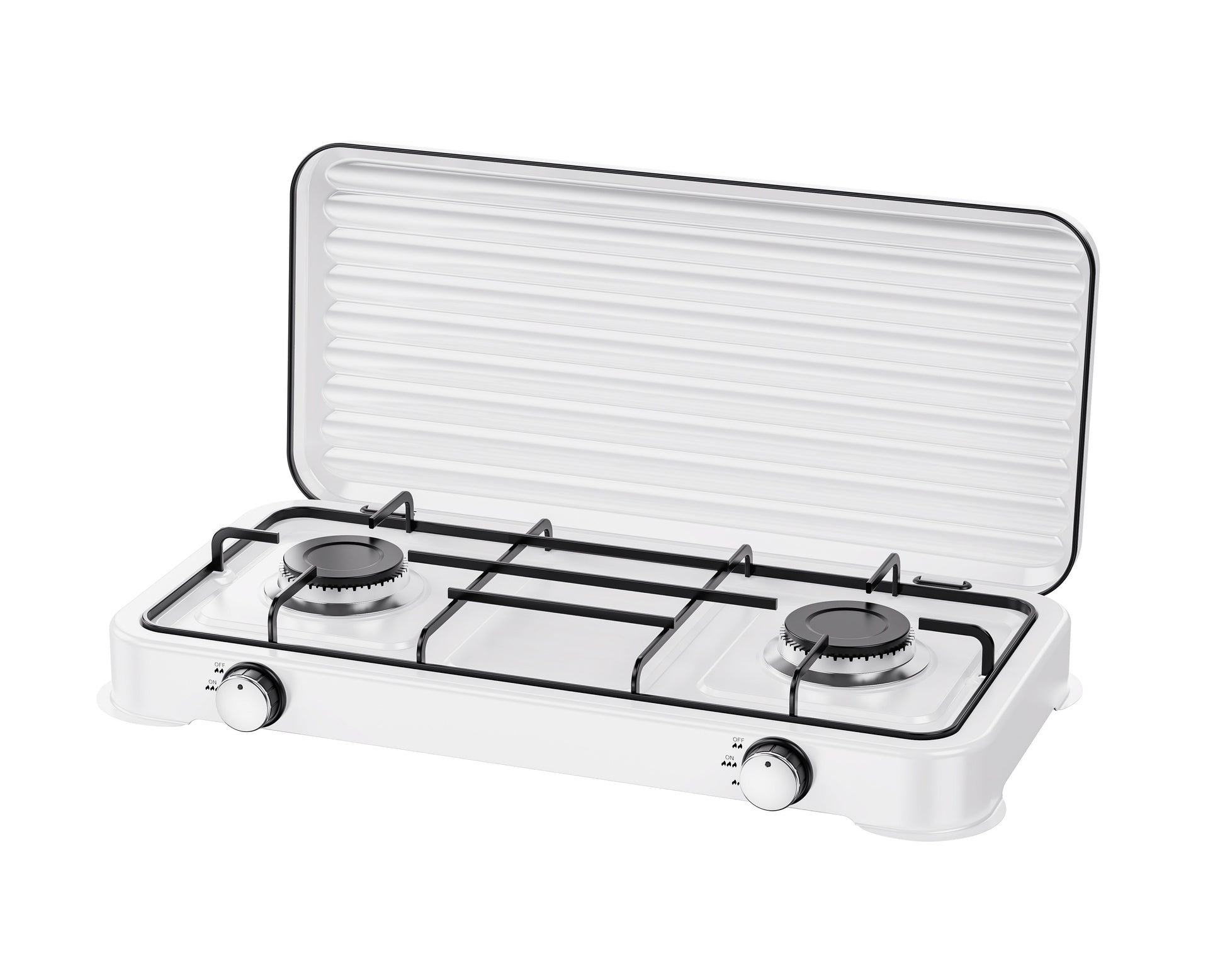 A compact white two-burner gas stove with an open lid, black metal grates, and silver control knobs, shown on a plain white background.