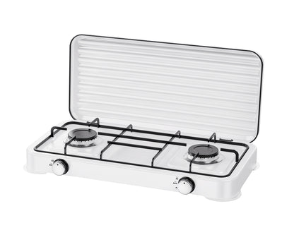 A compact white two-burner gas stove with an open lid, black metal grates, and silver control knobs, shown on a plain white background.