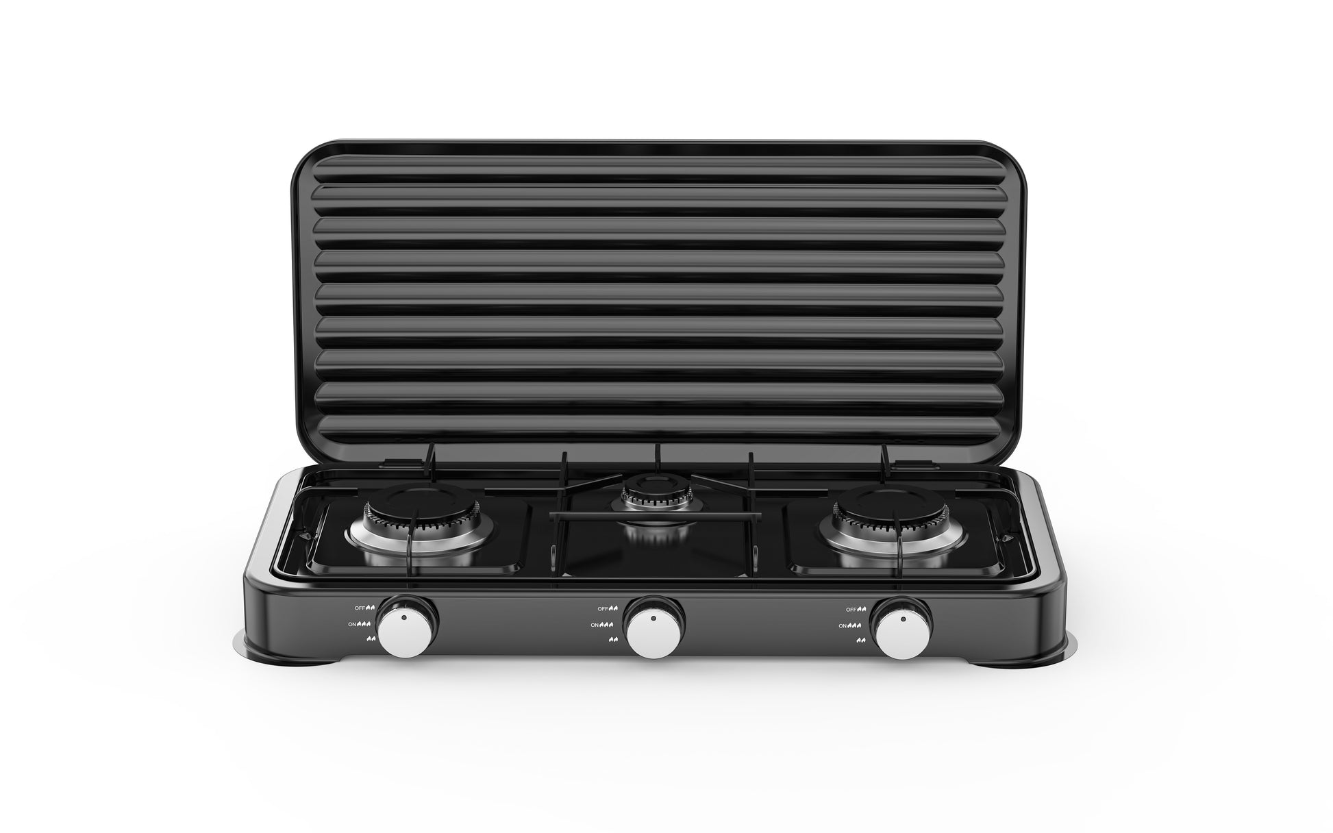A black 3-burner gas grill stove with a hinged lid that is open, showing the grill plates and control knobs on a white background.